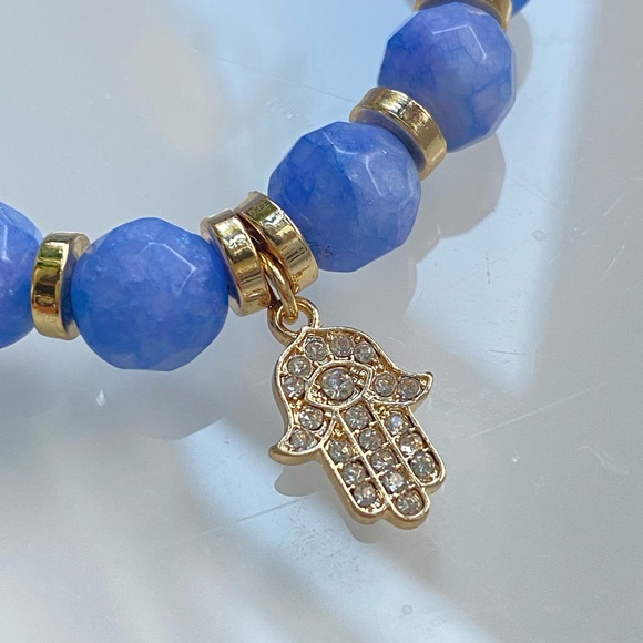 Blue Agate & Blue Chalcedony Stretch Bracelet w/Gold Pave Rhinestone Hamsa Charm - Picture 5 of 8